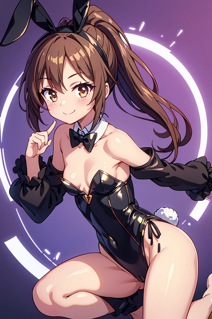 emale , ponytail, face, brown hair, brown eyes, collarbone,small breasts,brown eyes, no background,solo, smile, (sole of foot, toe), (extra leg:-1),no underwear,reverse bunnysuit, reverse outfit, shiny rabbit ears headband, Detached collar, bowtie, pink pasties, no clothes, tight sleeves, (black) puffy long sleeves: 1.2),dynamic angle, masterpiece, best quality, high quality, detailed, high resolution , perfect hands,nsfw