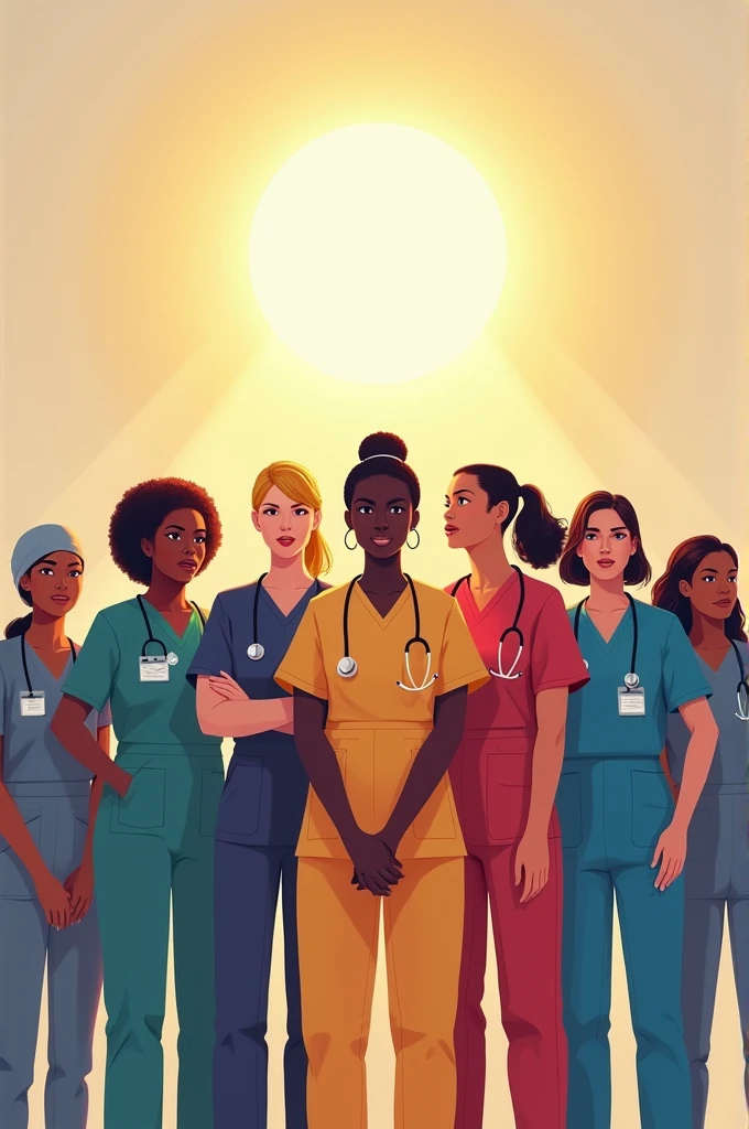 An illustration showing a diverse group of frontliners standing tall, with a glowing light behind them representing hope and resilience.