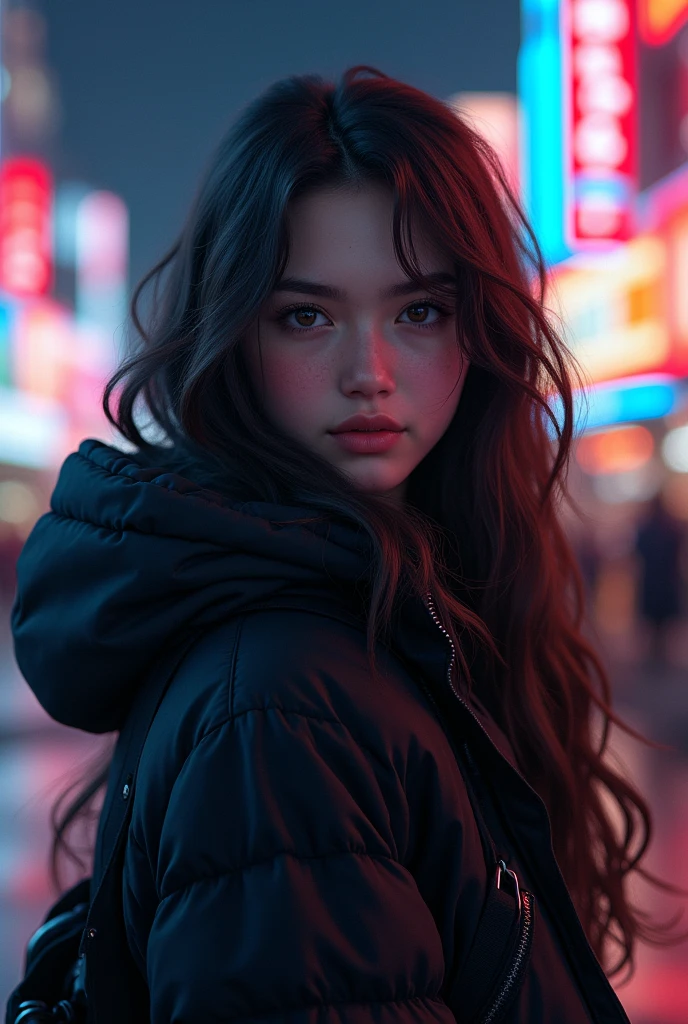 It generates a ager with long, wavy hair, brown eyes and a line on his eyebrow, wearing black cold weather clothes with a hood, with a well-lit city in the background.