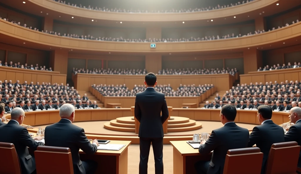 A young Asian man in a suit is speaking to politicians from various countries sitting in a huge circular lecture hall.，Politicians from all over the world are looking at men，No flags appear