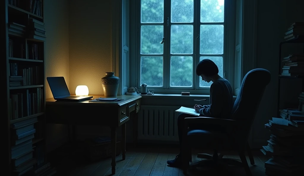 A side view photo of a young and beautiful Korean woman sitting in a comfortable chair close to her study table in an old, dark room. The woman is facing away from the camera and is studying. The room has a wooden floor and is filled with various items, including a table, a study lamp, a laptop, a mobile phone, and books kept on a table. A window in the room is illuminated by a lightning strike, revealing raindrops hitting the glass. The overall atmosphere of the photo is eerie and mysterious.