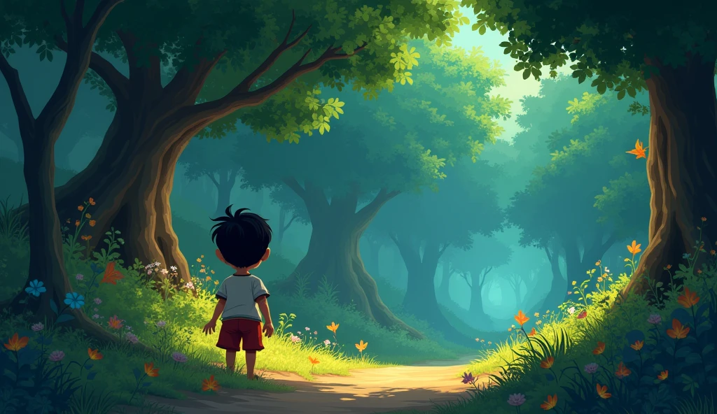 In cinematic 2s cartoon style Once upon a time, a boy named Ramesh lived in a small village. He was very courageous and curious by nature. There was a dense forest near his village, in which there was a mysterious cave. The elders of the village always said that it is dangerous to go to that cave because a magical power resides there. But Ramesh's curiosity to know about that cave was increasing.