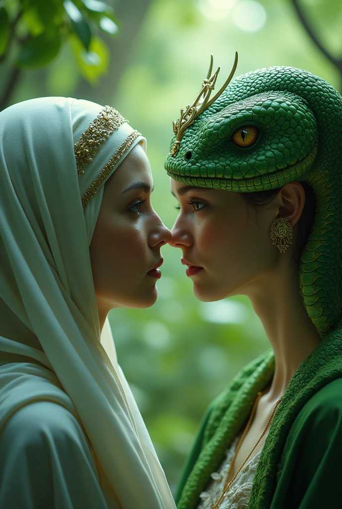 A one muslim green snake wearing white cap and  seeing a human ladies