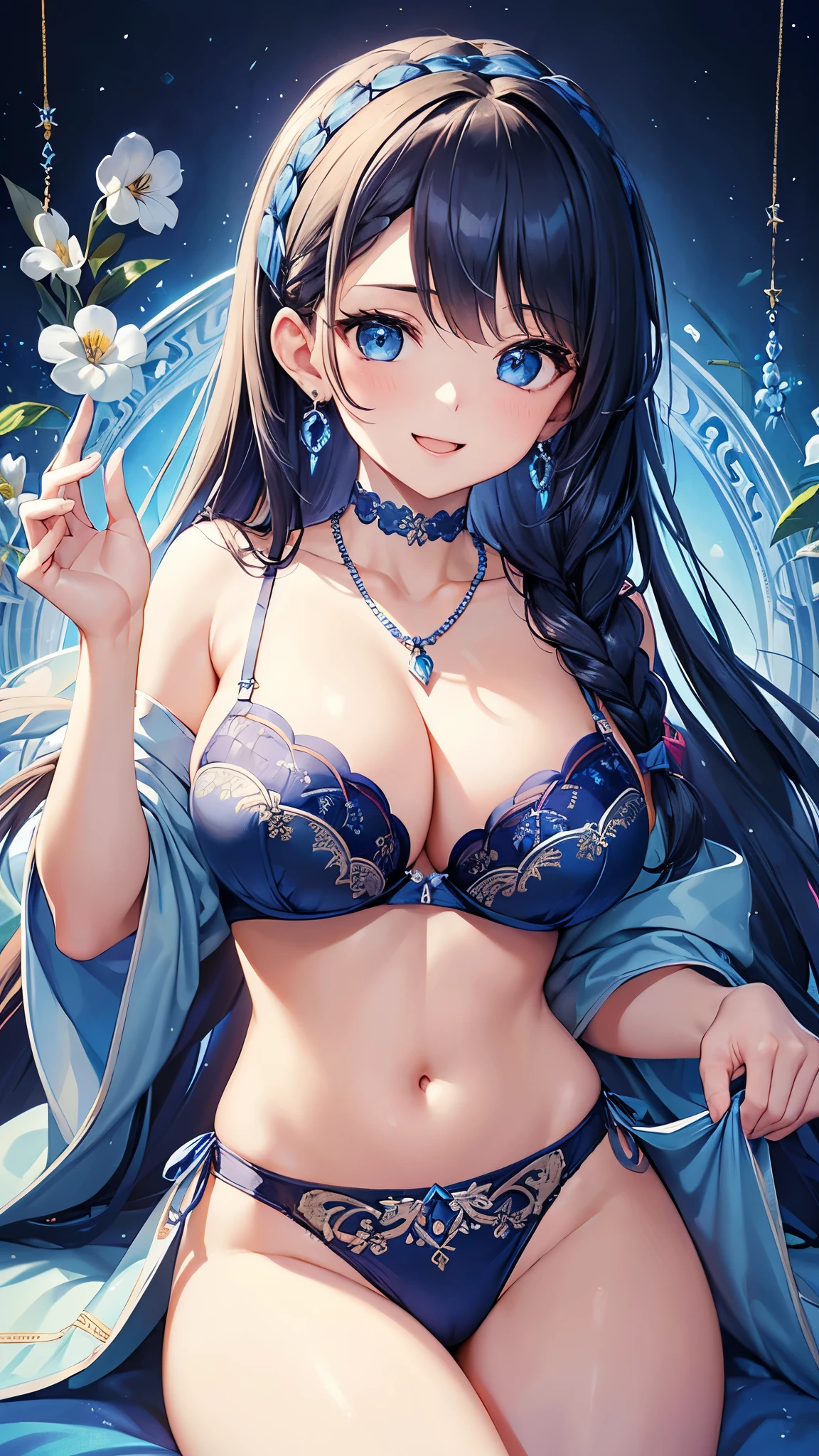 Highest quality、Highest quality、masterpiece、(8k resolution),beauty(Age 25)、(Mature Appearance)、Long Hair(Braiding of the sides)、blue eyes、(Underwear with intricate embroidery、bra)、Big cleavage、((Super big breasts))、smile、blue necklace、Blue Earrings、background(flower)、Please open your mouth wide、Dynamic pose、Blue choker、