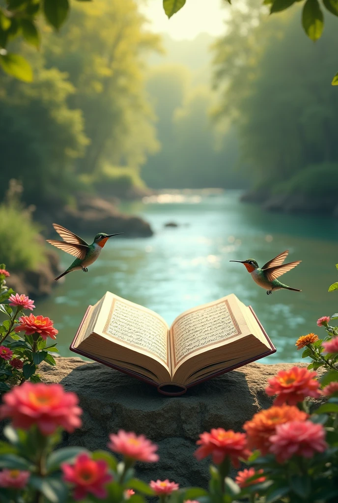 Islamic Facebook page cover photo of flowers and river and hummingbirds.Two Al koran in background.