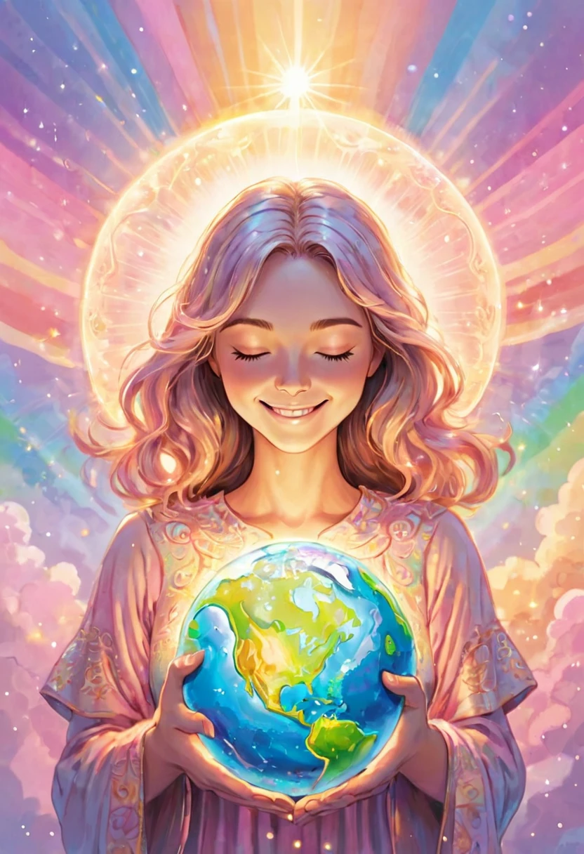 In the center is a woman holding the earth on her chest. She is smiling with her eyes closed and holding the globe. Rainbow pastel colors envelop the earth. This earth emits light and creates light effects around it. ripples of light. The glow spreads, and the background is a gradation of pale pink and pale gold, giving the feeling of a soft light spreading. Try to express kindness and reassurance throughout. Add shine with light radiation and fine particles. We created a bright and warm design that will warm the hearts of those who see it. Add elegance with a spiritual touch