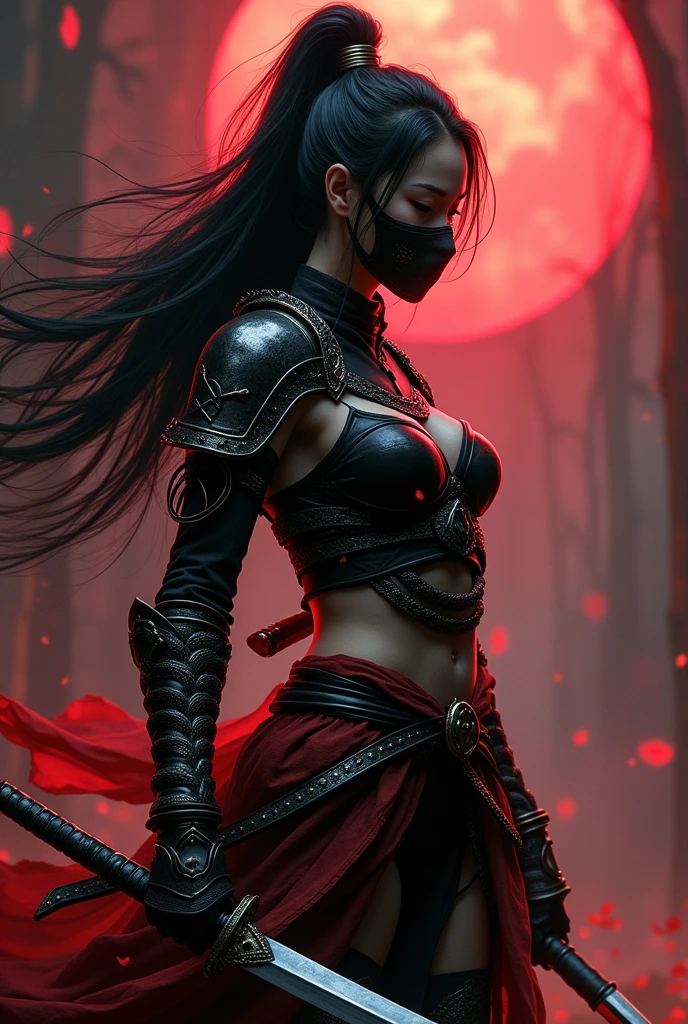 Elden ring, dark fantasy, asian warrior, single katana, light armor, woman, black hair, serpent theme outfit, blasphemy, hidden face, mask, dark red colors