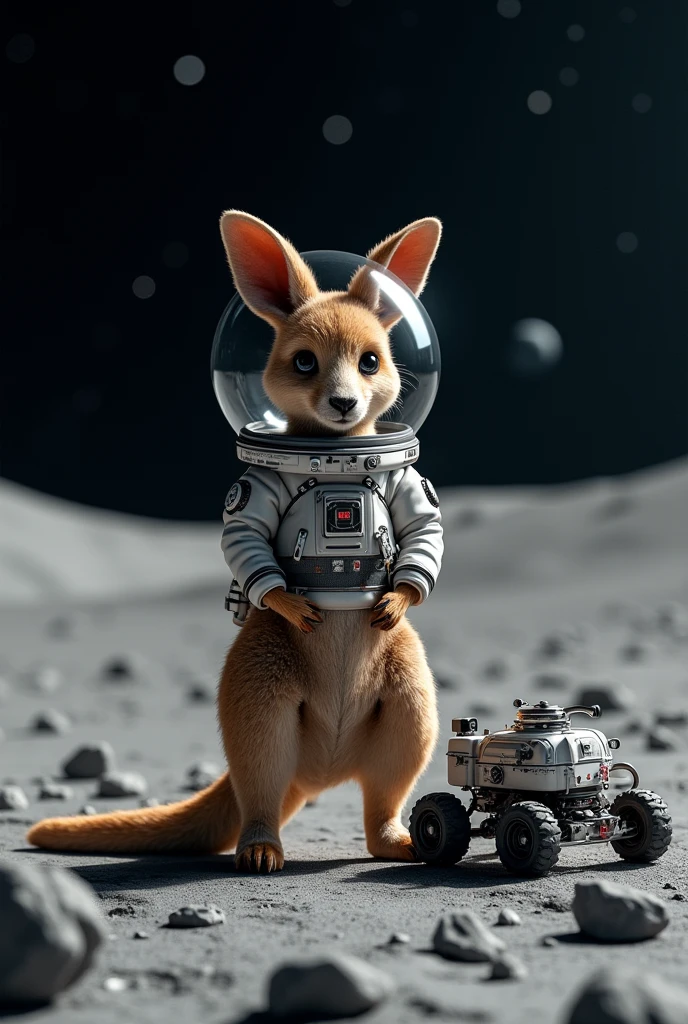Kangaroo with space suit and stand next to a space rover in moon 9:16 scale