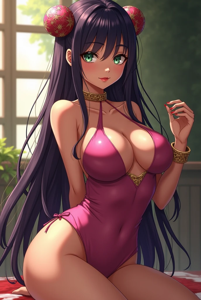 well-endowed, being said to have large breasts; she also has shiny tan skin and is tall in height despite her frame. She has a slim and curvaceous body; she also long, seemingly-straight, dark-purple hair that reaches her butt and is held in warrior hair-cufts that appear orb-like; deep-green eyes which her right eye is covered by the fringe or bangs of her hair; and beautiful, pink lips. Anime