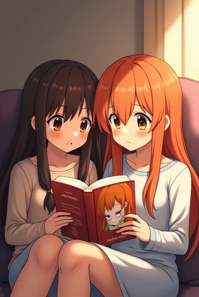 Two anime style softy friends looking at each other one of the girls has long brown hair and the other girl has long orange hair, They are reading a book with their eyes open that has the profile of a girl with orange hair on the front and above the girls reading is the phrase &quot;The Days of April&quot; in Spanish
