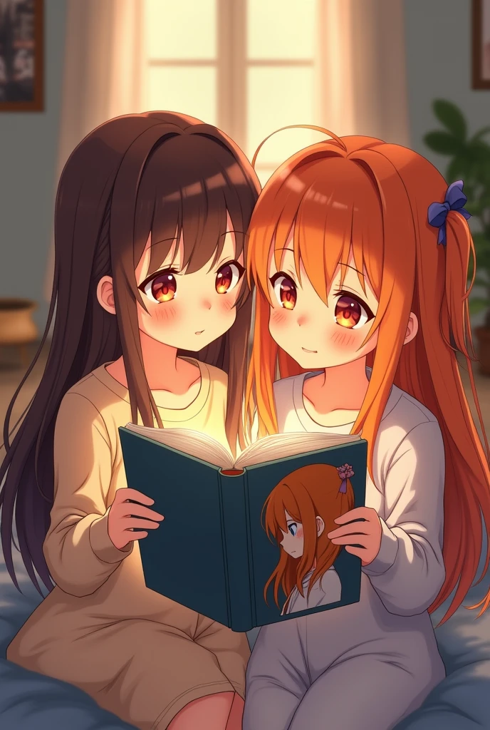 Two anime style softy friends looking at each other one of the girls has long brown hair and the other girl has long orange hair, They are reading a book with their eyes open that has the profile of a girl with orange hair on the front and above the girls reading is the phrase "The Days of April" in Spanish