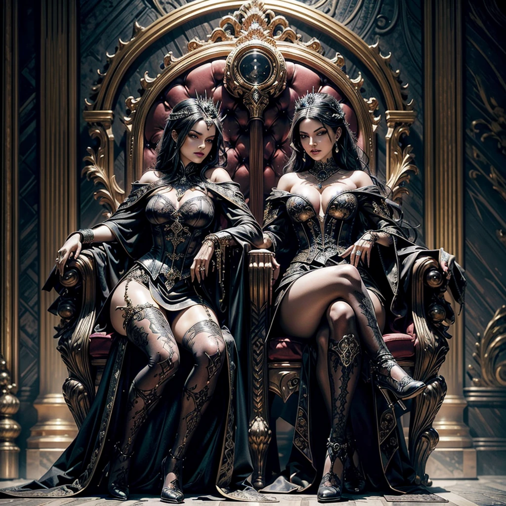 A sexy evil queen sitting on a throne, intricate details, a hitman kneeling reverently in the background, gothic and steampunk elements, hyper-realistic, photo-realistic, perfect details, high quality, cinematic lighting, rich colors, dramatic shadows, complex architecture, ornate throne, detailed facial features, piercing gaze, luxurious gown, dynamic pose