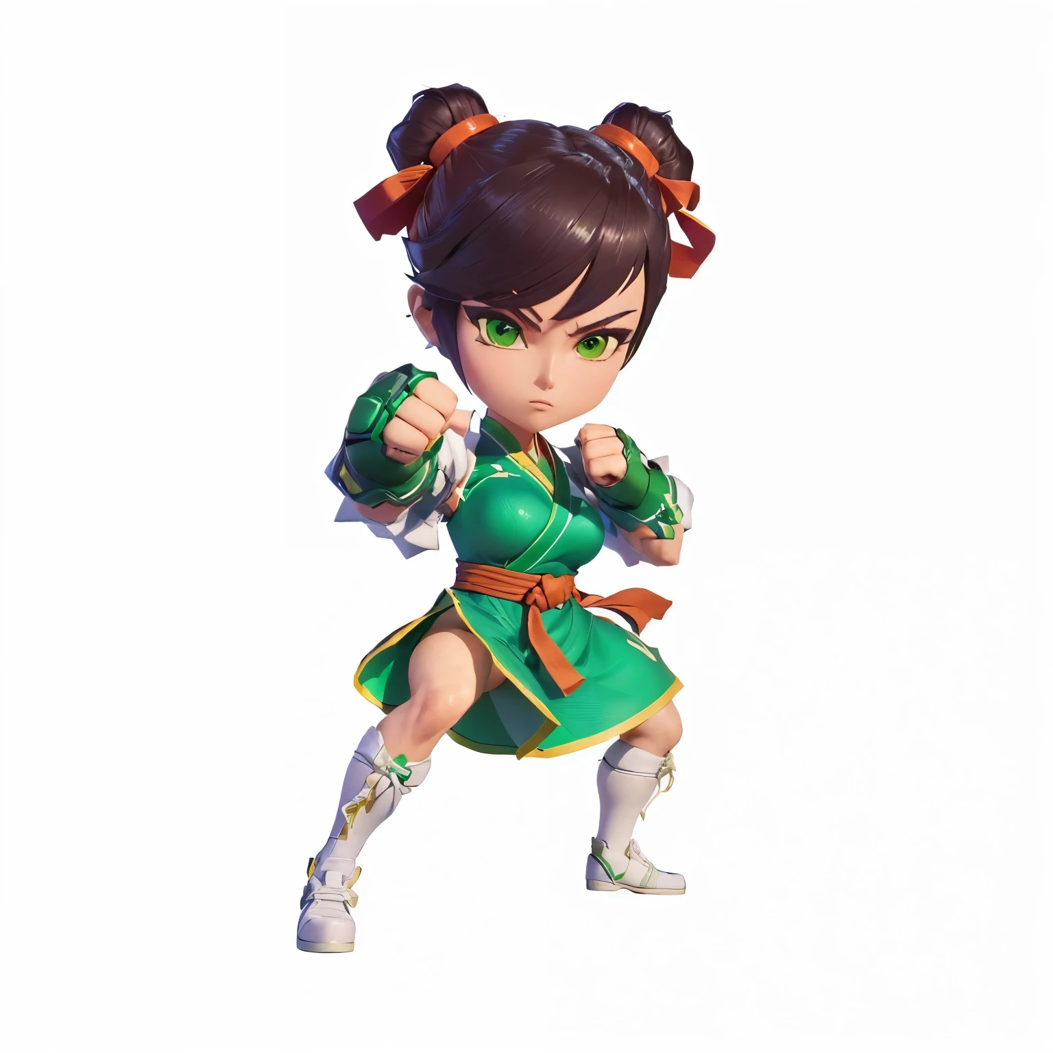 a close up of a person in a green dress with a fist, fighting game character, render of a cute 3d anime girl, katana zero video game character, fighter pose, fighting pose, fight pose, fighting stance, 3 d render official art, juri han from street fighter, she is ready to fight, 3d model of a japanese mascot