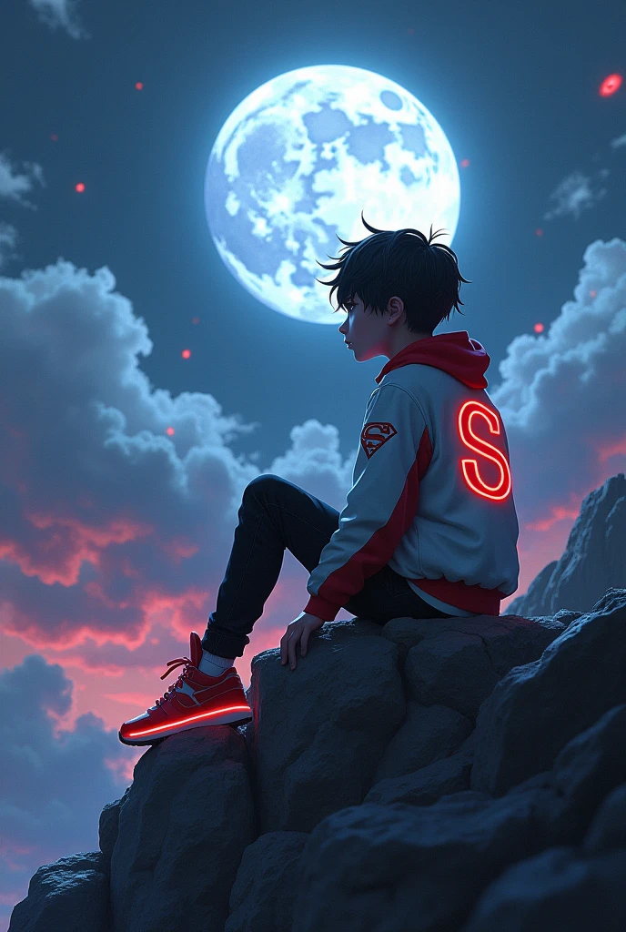 A young person sits on a rocky cliff, gazing at a large, luminous moon in a dramatic sky filled with dark clouds. The figure is dressed in a white jacket with red accents, featuring a prominent “S” logo on the back, and black pants. Their stylish, futuristic sneakers emit a soft red glow, while their hair is tousled and lightly illuminated by the moonlight. The overall scene has a moody and introspective atmosphere, with shadows and vibrant colors blending beautifully.