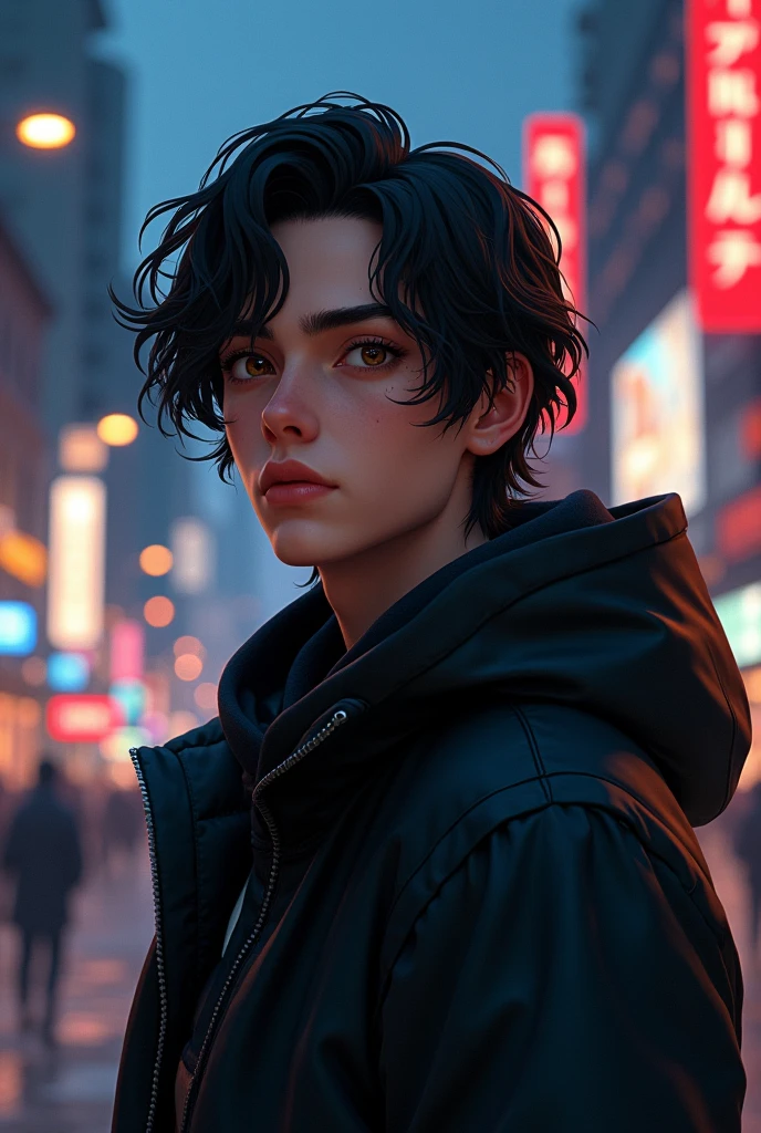 generates a male teenager with long, wavy hair, brown eyes and a line on his eyebrow, wearing black cold weather clothes with a hood, with a well-lit city in the background
