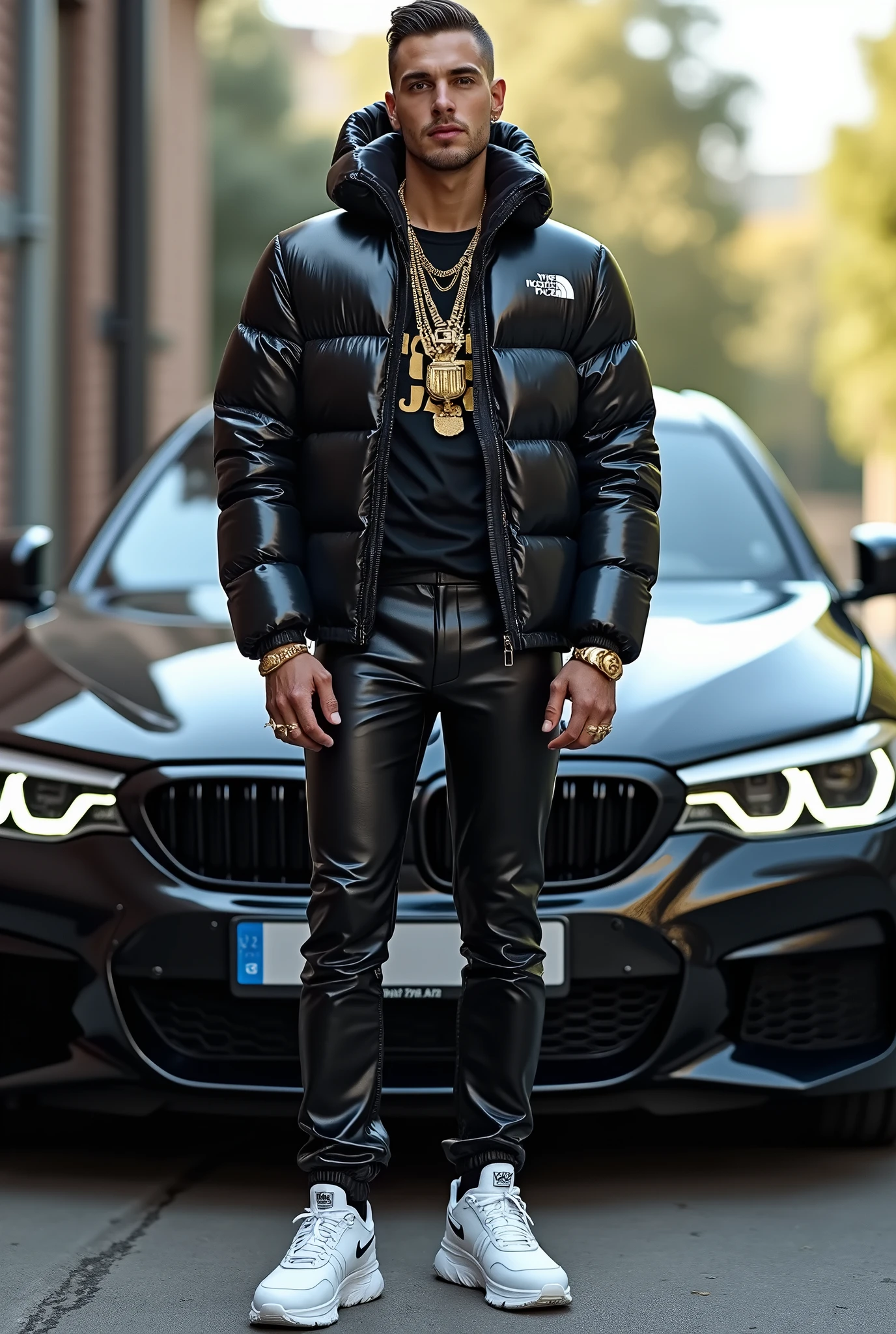 full view full body, white guy with light-brown undercut clean shaved haircut, golden rings, necklaces, wearing full length shiny skintight rubber grass with a black North Face puffer jacket blistered with air and white Nike TN trainers, waiting standing beside bmw car 