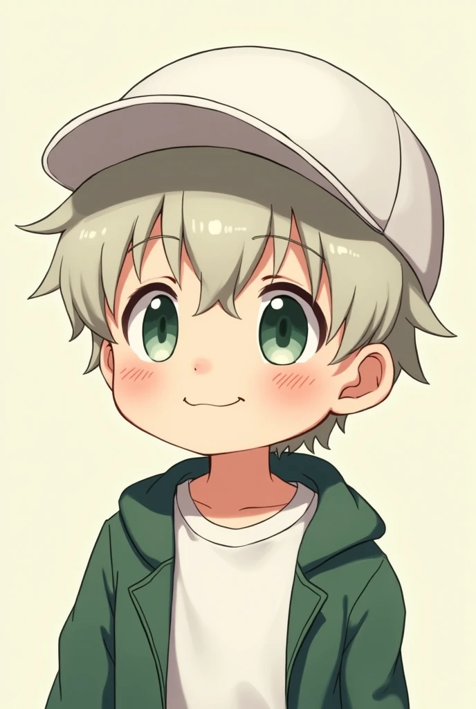 Anime Boy chibi, wear cap white, wearing shirt white, jacket green, looking something