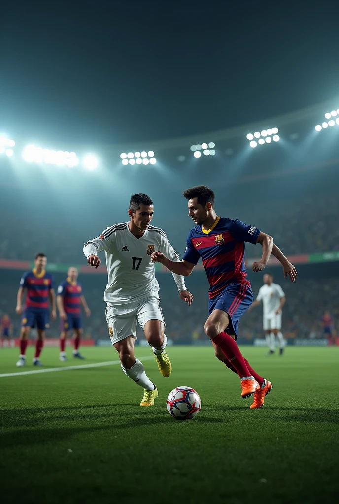 Cristianio ronaldo and messi play football together and neymer is coach old football legends waching in night