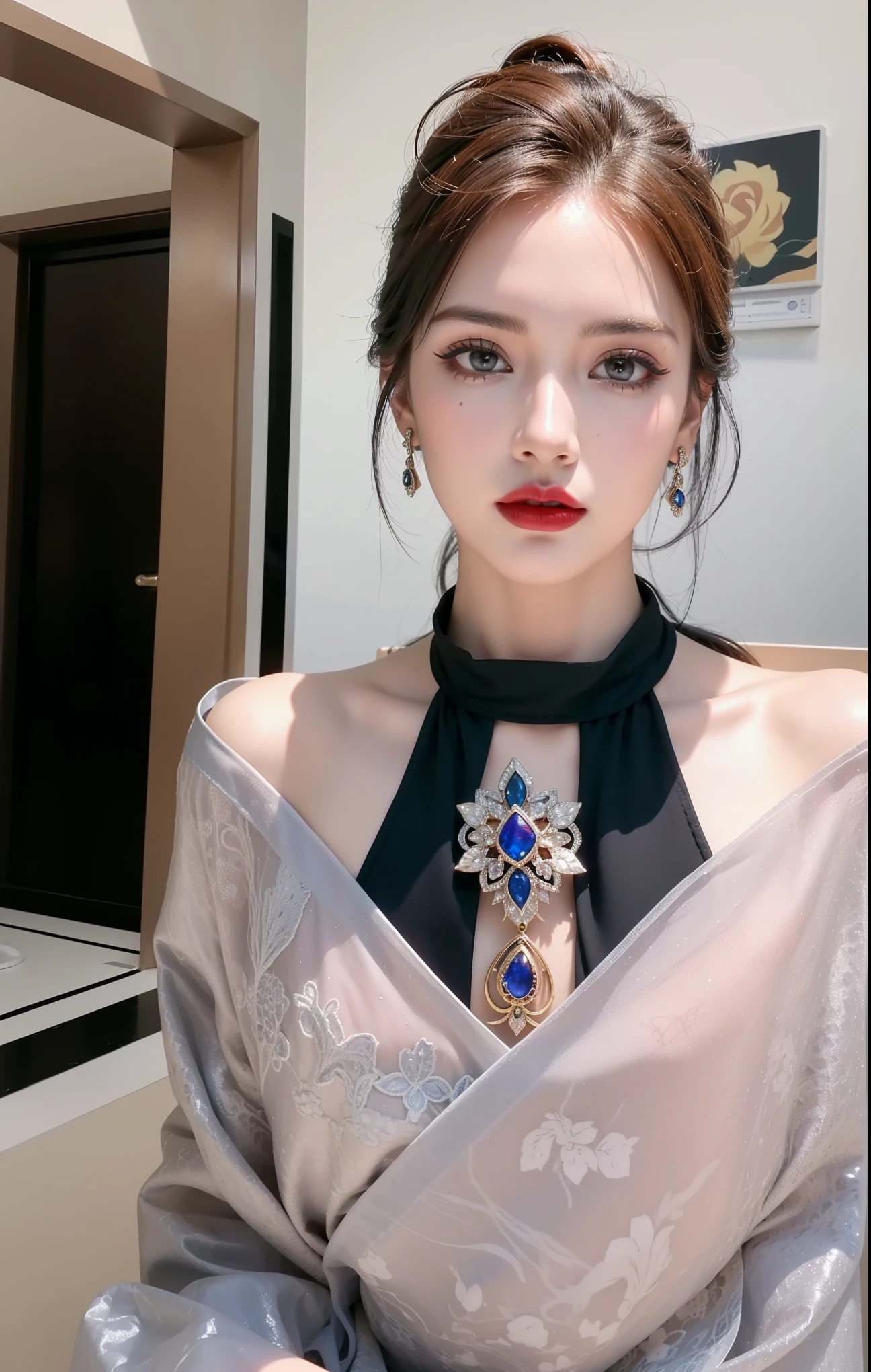 Royal princess,Extremely detailed, Delicate face, Stock Photography , Portrait 400, F1 Camera Lens.6, rich and colorful, Surrealism, Realistic textures, Dramatic Lighting, Thin Film Distiller 800 (8K, original photo, Better quality, masterpiece: 1.2), Extremely detailed, (Extremely delicate skin: 1.2), 8K ultra high definition, SLR camera, Soft Light, high quality.Fire Queen,Blue pupils,Wear red lipstick,Have a tattoo,The tattoo is very three-dimensional,Gorgeous and intricate tattoo designs,Dark eyeshadow,Sexy thick lips(Red lipstick),Gorgeous pearl and gemstone decoration,Cleopatra wore jewelry made of gold and precious stones.,The stunning Queen,