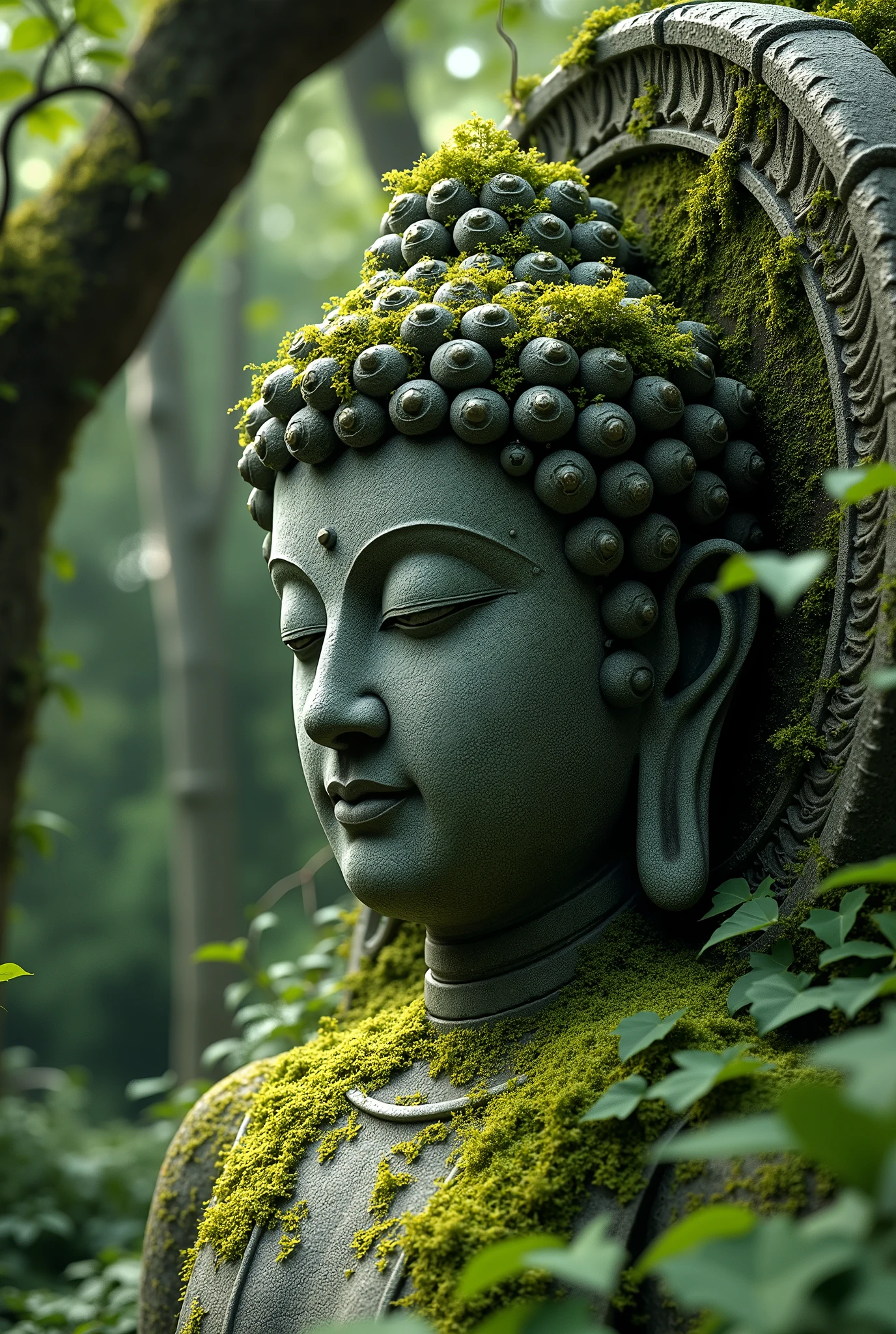 The world after the extinction of humanity、A temple that returned to the forest、Buddha statue covered with moss and ivy、Close-up