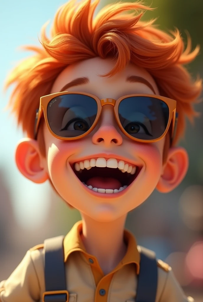 A boy with red hair, wearing sunglasses, smiling and laughing.