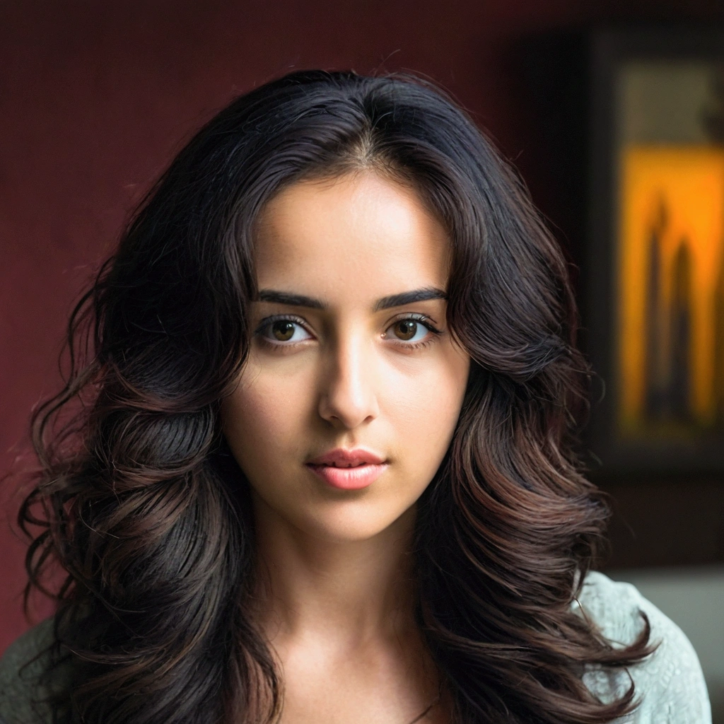 girl with long brunette hair , black eyes , hyper detailed photography , soft light, portrait, realist