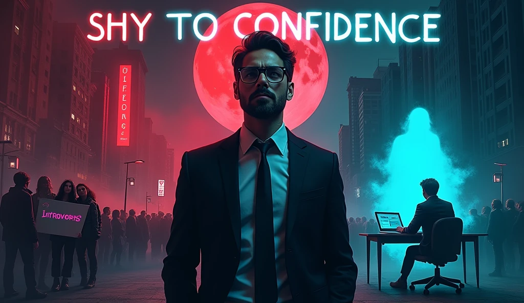 Promotional layout for SHY TO CONFIDENCE features a central figure of a confident man with dark hair, glasses, and a beard, dressed in a black suit. The background is divided into three sections: the left shows a chaotic dystopian cityscape under a red moon with crowds, while the right depicts a man at a desk with a ghostly figure looming behind him, adding a supernatural element. At the top, the title 'SHY TO CONFIDENCE' appears in bold, neon blue font. Below the central figure, a small character holds a sign reading 'introverts' in a digital font.
