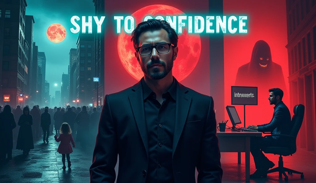 Promotional layout for SHY TO CONFIDENCE features a central figure of a confident man with dark hair, glasses, and a beard, dressed in a black suit. The background is divided into three sections: the left shows a chaotic dystopian cityscape under a red moon with crowds, while the right depicts a man at a desk with a ghostly figure looming behind him, adding a supernatural element. At the top, the title 'SHY TO CONFIDENCE' appears in bold, neon blue font. Below the central figure, a small character holds a sign reading 'introverts' in a digital font.