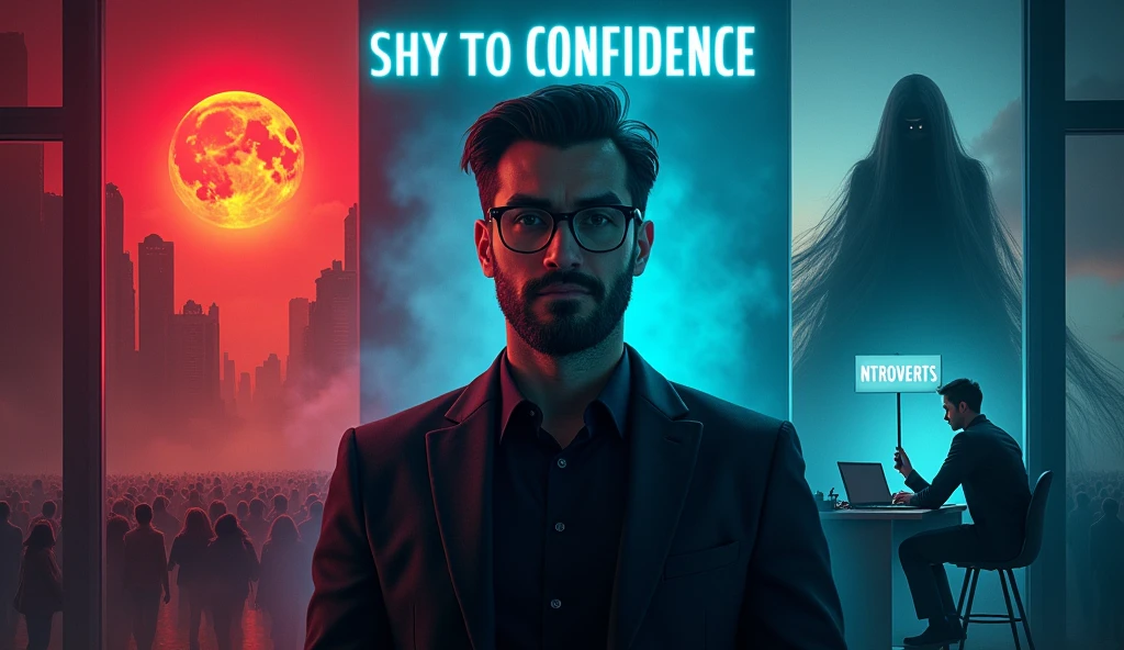 Promotional layout for SHY TO CONFIDENCE features a central figure of a confident man with dark hair, glasses, and a beard, dressed in a black suit. The background is divided into three sections: the left shows a chaotic dystopian cityscape under a red moon with crowds, while the right depicts a man at a desk with a ghostly figure looming behind him, adding a supernatural element. At the top, the title 'SHY TO CONFIDENCE' appears in bold, neon blue font. Below the central figure, a small character holds a sign reading 'introverts' in a digital font.