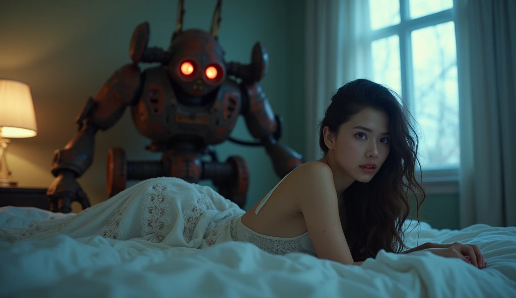 (Masterpiece.UHD.photorealistic. Analog photography.1950 style) an ultra hot gorgeous woman. Age 23. with purple eyes in bed. Lying on her stomach, bathed in moonlight. Epic cleavage (100E size). Full moon outside. 1930 clunky and rusty evil war robot with red eyes in the background.
