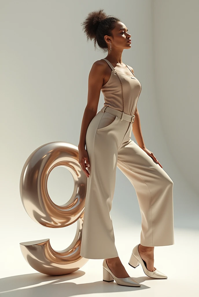 Create an image that has, shiny, “9” 3D letters in the foreground with a beautiful woman leaning back comfortably.. The person should dress stylishly., Clothes in the same tone and have