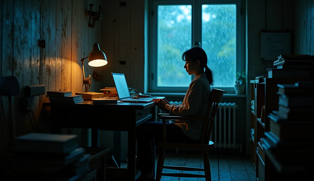 A side view photo of a young and beautiful Korean woman sitting in a comfortable chair close to her study table in an old, dark room. The woman is facing away from the camera and is studying. The room has a wooden floor and is filled with various items, including a table, a study lamp, a laptop, a mobile phone, and books kept on a table. A window in the room is illuminated by a lightning strike, revealing raindrops hitting the glass. The overall atmosphere of the photo is eerie and mysterious.
