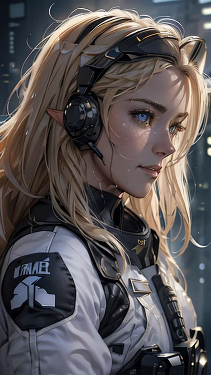 masterpiece, Highest quality, Highly detailed CG Unity 8K wallpapers,((Upper body portrait)), ((Spacecraft hangar)), (Long pointy ears), Elegant long wavy platinum blonde hair, ((Average Chest Circumference, Self-illuminating skin)), ((Special Forces Uniform)), (Functional Headset), (Wet white skin), (Captivating smile), cute, Symmetrical face, fine grain, Key Art, Awards, intricate detail realism hdr, Photorealism, Hyperrealism, Ultra-realistic, Dramatic Light, Strong Shadows, Nice views, Written boundary depth,