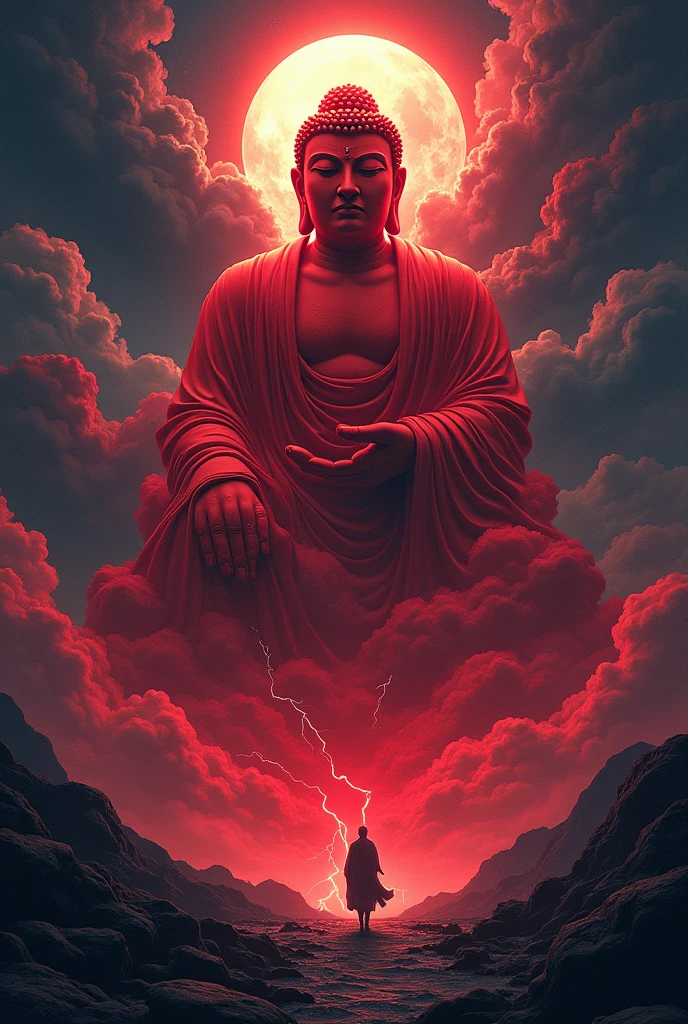 In a dramatic comic poster style, a masterpiece illustration depicts a colossal statue of Buddha formed entirely from blood-red clouds, floating ominously in a stormy night sky. The Buddha, with an intense and powerful expression, is crafted from swirling, crimson clouds, creating a hauntingly beautiful and surreal figure. The deep red tones contrast sharply against the dark, storm-laden sky, where flashes of lightning illuminate the scene, casting eerie, fleeting shadows across the Buddha's face.

The storm clouds, heavy and turbulent, roll across the sky, adding a sense of movement and chaos to the scene. The Buddha statue, however, remains calm and imposing, with the red clouds glowing softly in the intermittent lightning, making it appear as though the figure is pulsing with a life of its own. The shadows play across the statue, with deep, dark areas where the clouds are densest, giving the impression of a powerful, almost otherworldly presence.

In the background, the night sky is filled with swirling, dark clouds that occasionally part to reveal glimpses of a stormy, moonlit night. The moon, partially obscured by the clouds, casts a cold, pale light that contrasts with the warm, menacing glow of the red Buddha. Thunder rumbles in the distance, and the atmosphere is thick with tension, as if nature itself is reacting to the presence of this divine, yet fearsome, figure.

In the foreground, lightning strikes illuminate the scene, creating sharp, dramatic contrasts of light and shadow that add to the intensity of the image. The entire composition is framed with bold, comic book-style lines, and the use of deep reds and blacks gives the scene a striking, ominous quality. The blood-red Buddha statue, with its calm yet imposing presence, dominates the sky, creating an unforgettable visual that blends serenity with the raw power of a stormy night, all rendered in a vivid, comic poster style.