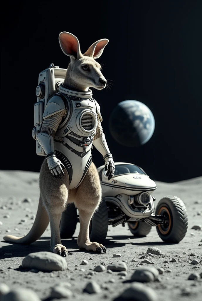 Adult Kangaroo with space suit and stand next to a space rover in moon 9:16 scale