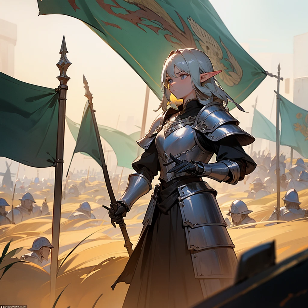 The heavily armored Elven army marches in tight formation with raised banners across the burning fields., each soldier is drawn in detail, Custodians 