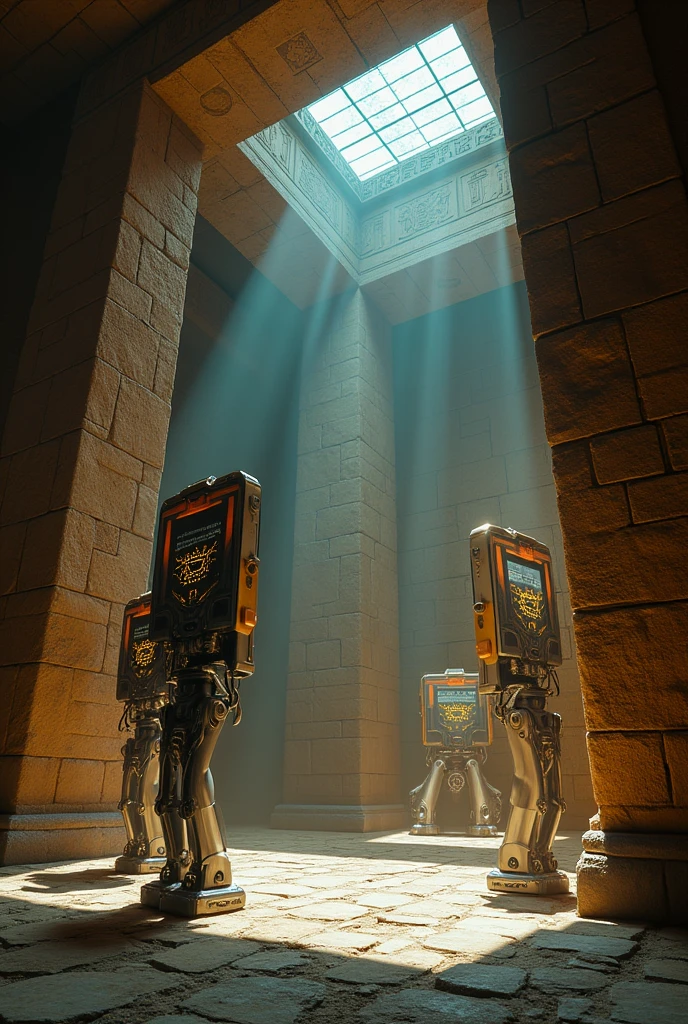 The interior of the pyramid's secret chamber, where machines with metallic arms and glowing panels hum softly, casting strange shadows on the ancient stone walls.