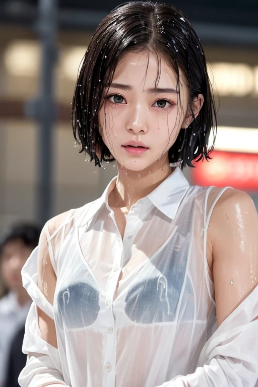 Best image quality, masterpiece, Ultra-high resolution, (Loyalty :1.4), Pretty Japanese woman, 1 person, Detailed face, Detailed eyes, Correct human anatomy, ,tears, tearsdrop, (White shirt), (Wet clothes stick to the body:1.4), Exposing shoulders, ((Wet Hair)), Heavy Rain, Shibuya Crossing