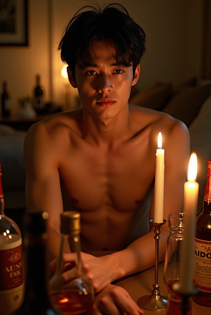 1boy、Photo Quality、Cute handsome man、Mash Hair、Japanese male, 、Completely naked、Full nudity、erection、Huge penis、Highest quality、Realistic、beautiful、Lots of bottled beer、bottle wine、Surrounded by whiskey bottles、Inside the apartment、Candle flame