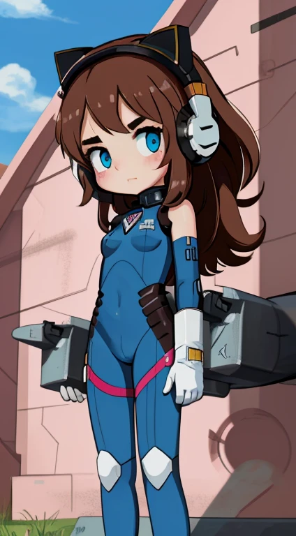 masterpiece, Highest quality, High resolution, One , Ultra High resolution, alone, Mecha Pilot, is.and, Headphones, Pink Eyes, Cat face decoration, Blue tights, Brown Hair, White gloves,