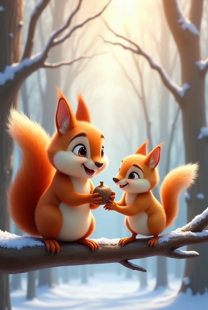 Squeaky the squirrel is happily sharing his collected nuts with Chirpy, the small bird. They are both perched on a branch, with the winter forest in the background. Chirpy looks grateful as Squeaky hands her a nut, and both animals are smiling."