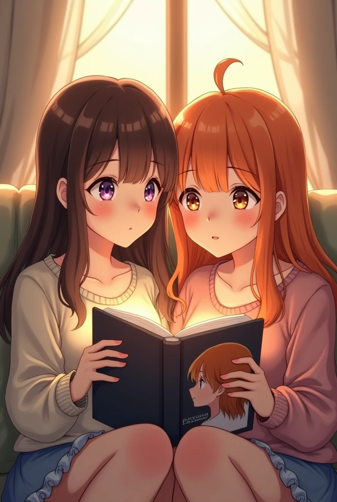 Two anime style softy friends looking at each other one of the girls has long brown hair and the other girl has long orange hair, They are reading a book with their eyes open that has the profile of a girl with orange hair on the front and above the girls reading is the phrase &quot;The Days of April&quot; in Spanish