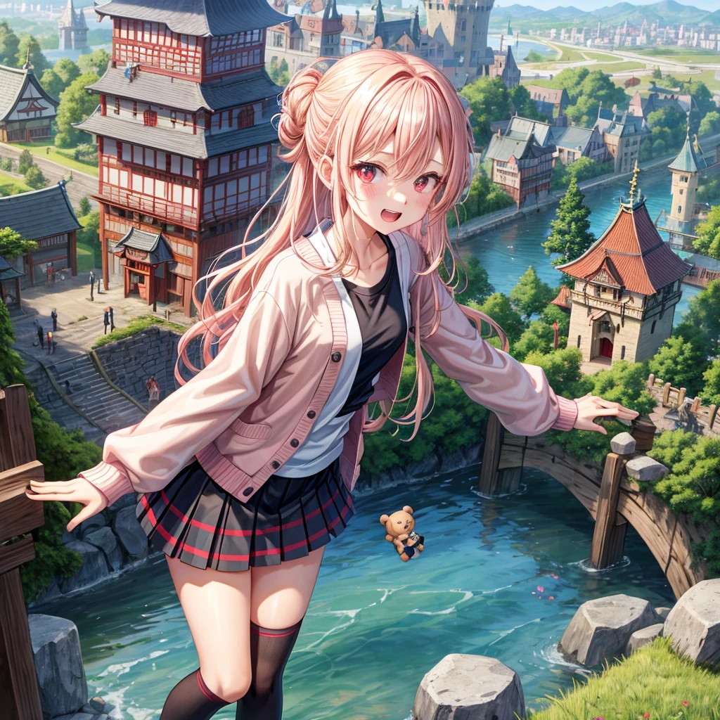 Pink Blonde、Red eyes、Wavy Hair、Hair tied up、Two cute、Checked mini skirt、black t-shirts、cardigan、Knee-high socks、Teeth are visible、Monster Castle、Tilting face、windmill、grass、Stones are growing out of the ground.、Holding hands with a teddy bear、In front of the city gates、Underground tunnels、Water flows from the castle、Wooden bridge、The stone is cracked、Ashura Statue