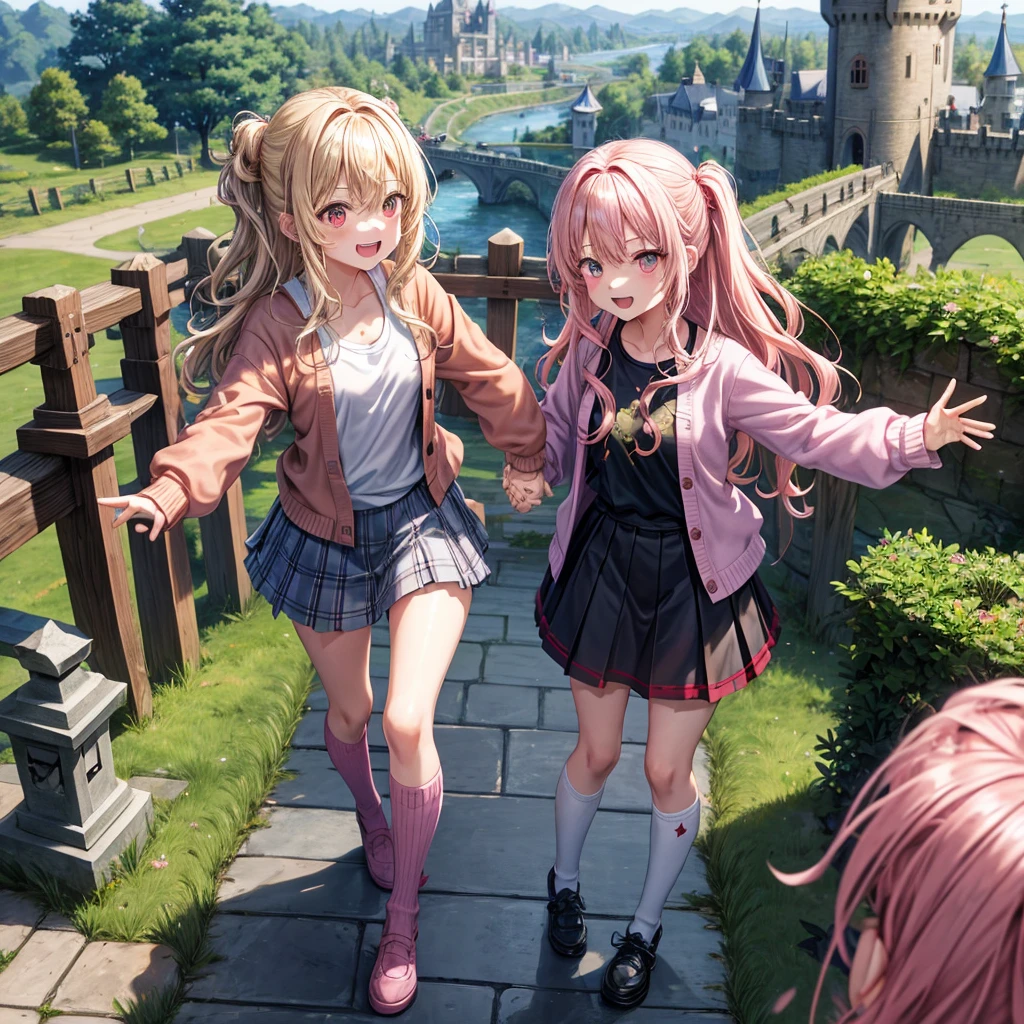 Pink Blonde、Red eyes、Wavy Hair、Hair tied up、Two cute、Checked mini skirt、black t-shirts、cardigan、Knee-high socks、Teeth are visible、Monster Castle、Tilting face、windmill、grass、Stones are growing out of the ground.、Holding hands with a teddy bear、In front of the city gates、Underground tunnels、Water flows from the castle、Wooden bridge、The stone is cracked、Ashura Statue