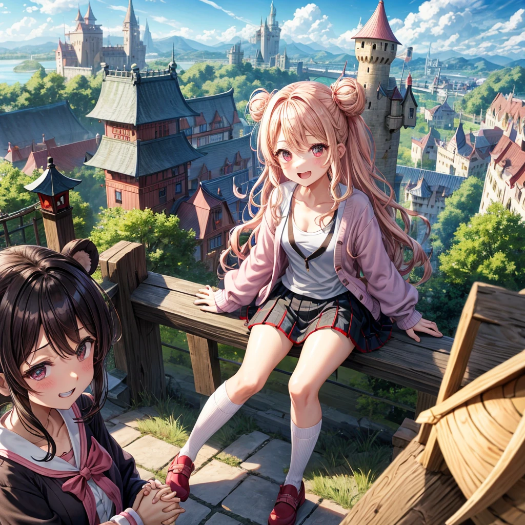 Pink Blonde、Red eyes、Wavy Hair、Hair tied up、Two cute、Checked mini skirt、black t-shirts、cardigan、Knee-high socks、Teeth are visible、Monster Castle、Tilting face、windmill、grass、Stones are growing out of the ground.、Holding hands with a teddy bear、In front of the city gates、Underground tunnels、Water flows from the castle、Wooden bridge、The stone is cracked、Ashura Statue