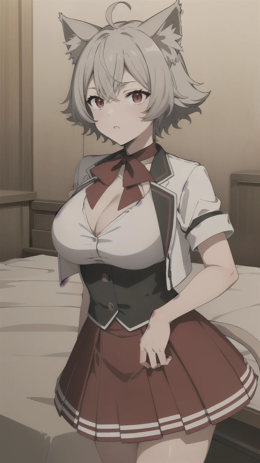 ((masterpiece, Highest quality, Absurd)), One person,(Lineana Dedoldia), Large Breasts, Cat ear, Red eyes, Cat ear, Feline tail, Cleavage, Gray Hair, short hair, uniform, Short sleeve, White jacket, Red pleated skirt, Red Bow, cowboy shot, View your viewers, indoors