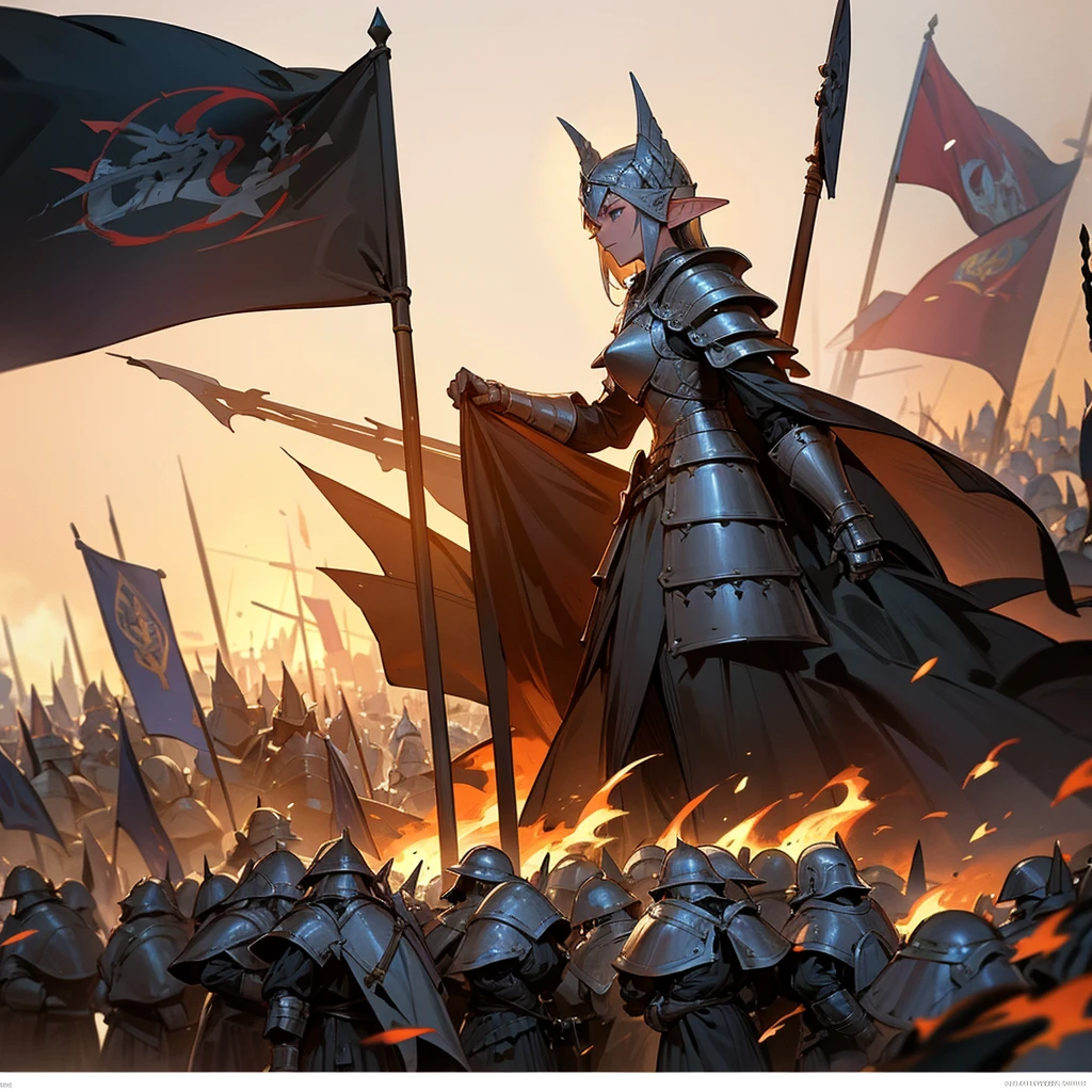 The heavily armored Elven army marches in tight formation with raised banners across the burning fields., each soldier is drawn in detail
