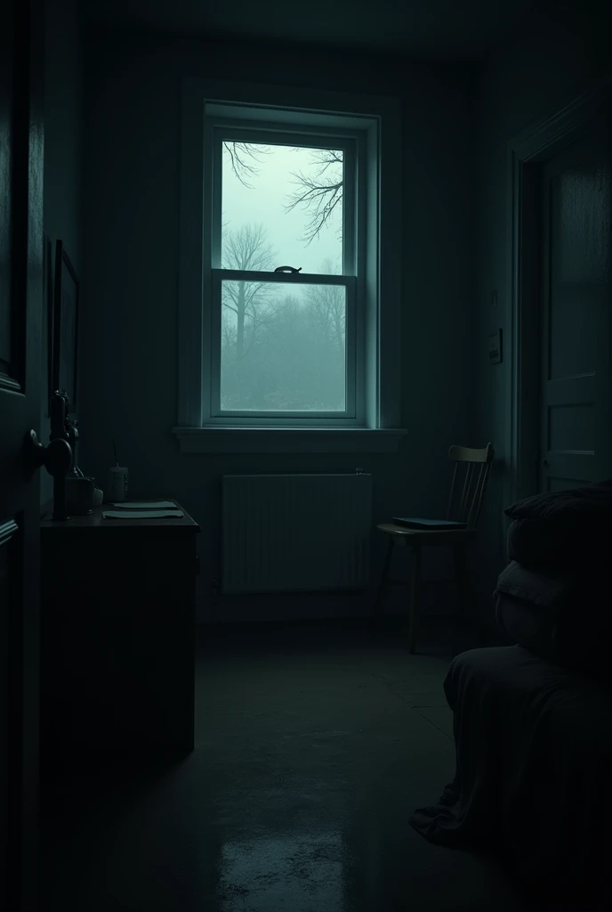 interior (inside the house) of a two-story house, specifically on the second floor with an open window, the breeze coming in and a feeling of being watched plus a scary and gloomy atmosphere