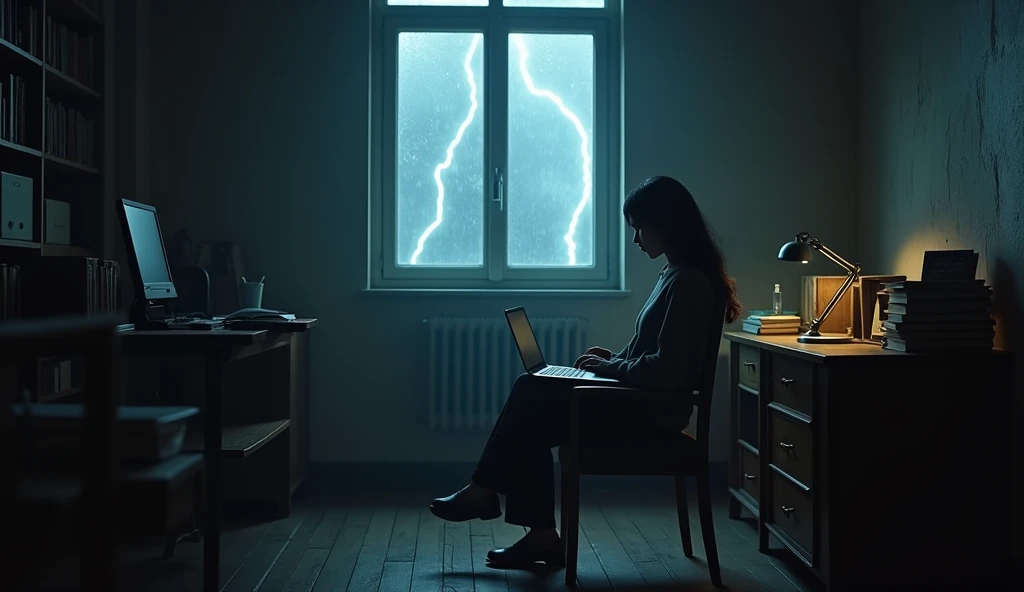 A side view photo of a young and beautiful Korean woman sitting in a comfortable chair close to her study table in an old, dark room. The woman is facing away from the camera and is studying. The room has a wooden floor and is filled with various items, including a table, a study lamp, a laptop, a mobile phone, and books kept on a table. A window in the room is illuminated by a lightning strike, revealing raindrops hitting the glass. The overall atmosphere of the photo is eerie and mysterious.