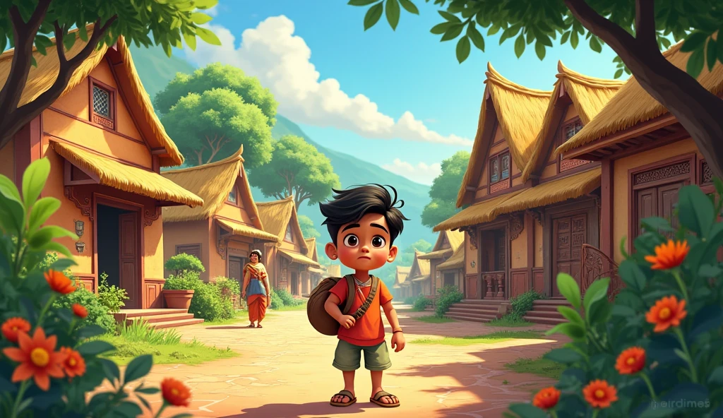 In cinematic 2d cartoon style indian Once upon a time, a boy named Ramesh lived in a small village. He was very courageous and curious by nature. 